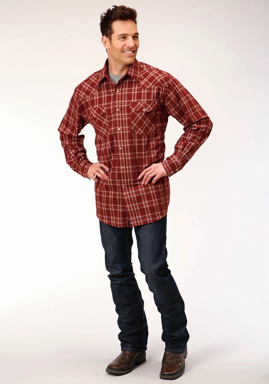 Roper Mens Wine 100% Cotton Unlined Flannel Plaid L/S Shirt Flexible Wear Unmatched comfort