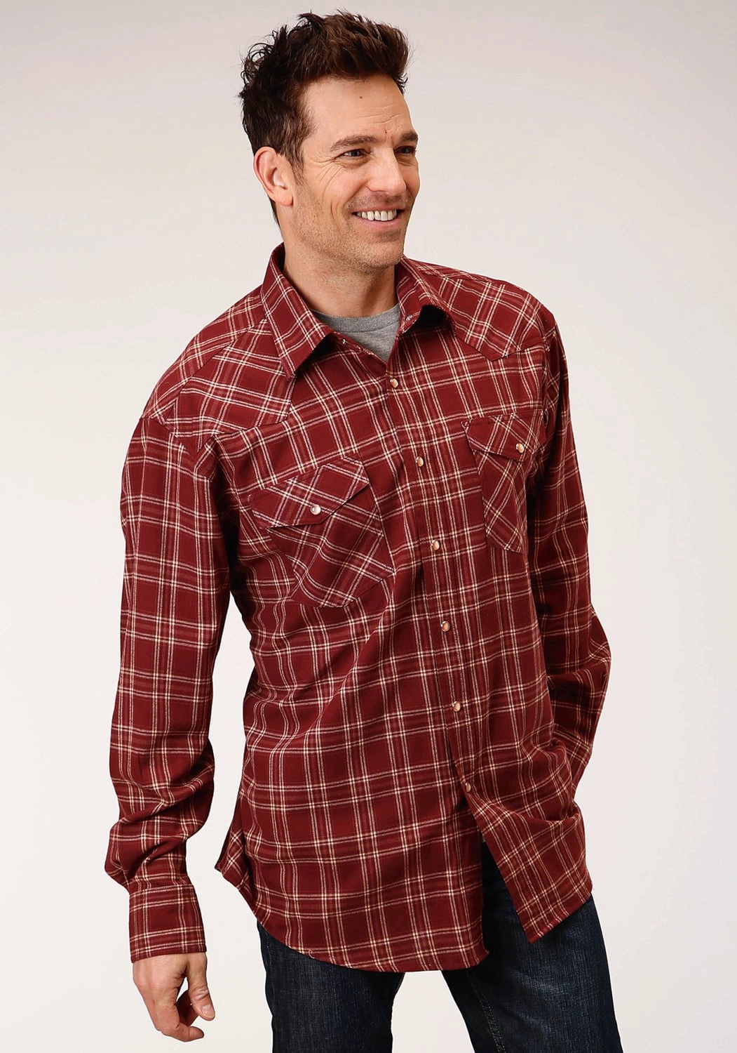 Gender Neutral Sophisticated Style Roper Mens Wine 100% Cotton Unlined Flannel Plaid L/S Shirt