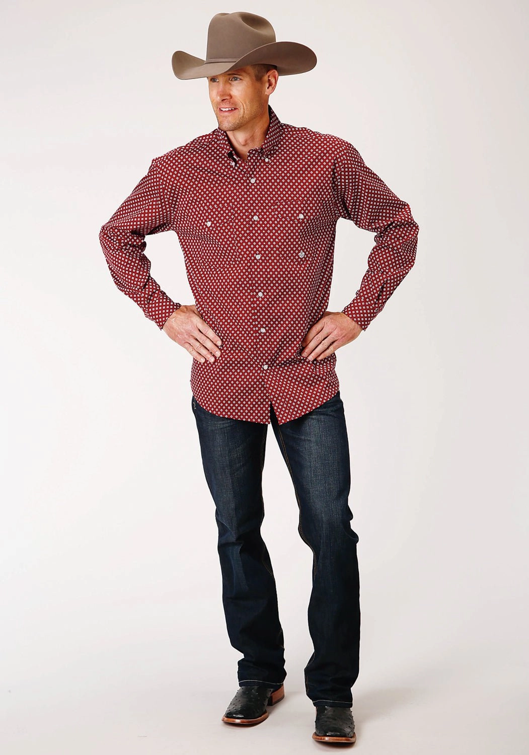 Preppy Vibe High-End Look Roper Mens Wine Cotton Blend Diamond Poplin BD L/S Btn Shirt