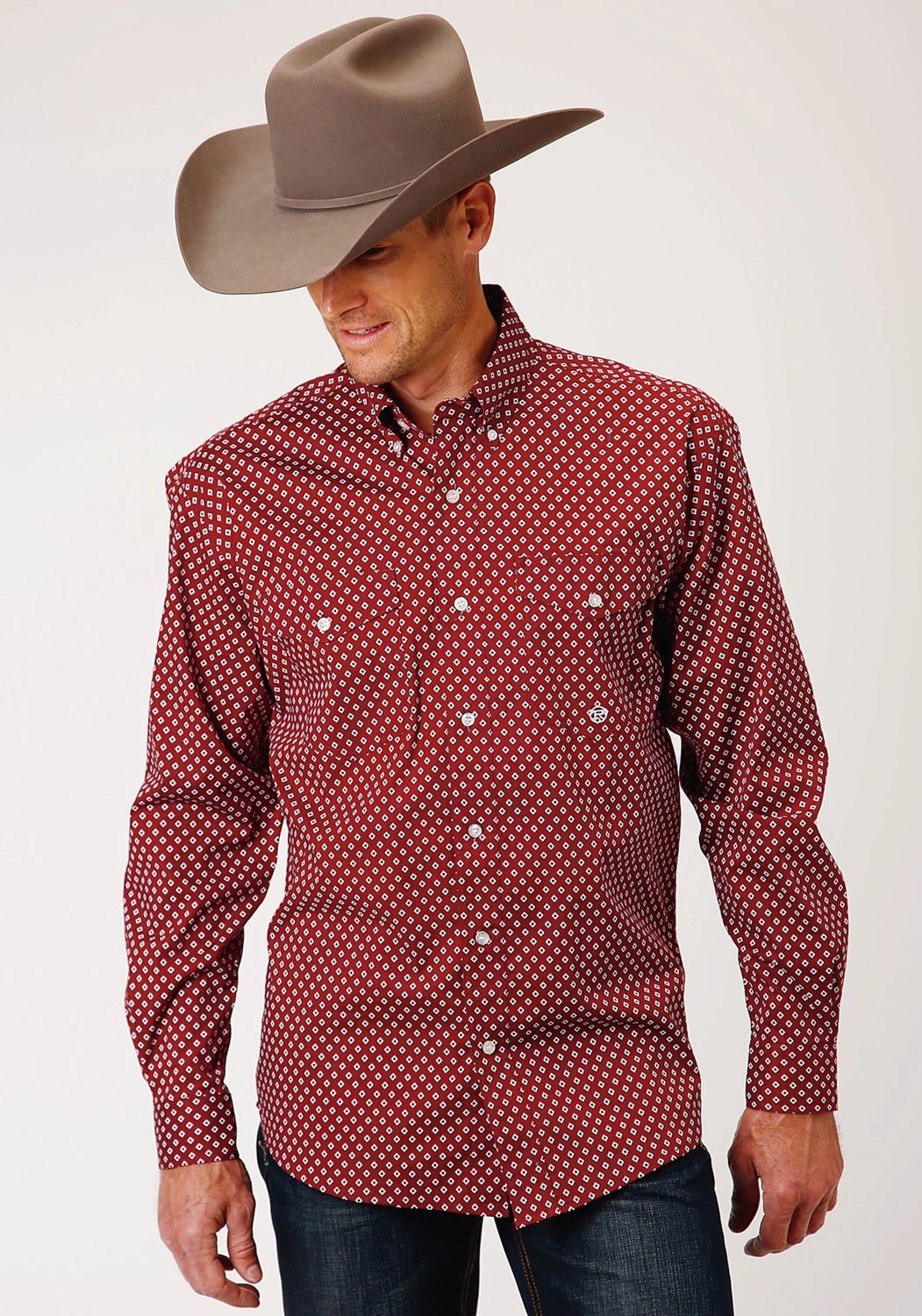 Roper Mens Wine Cotton Blend Diamond Poplin BD L/S Btn Shirt Relaxed Silhouette