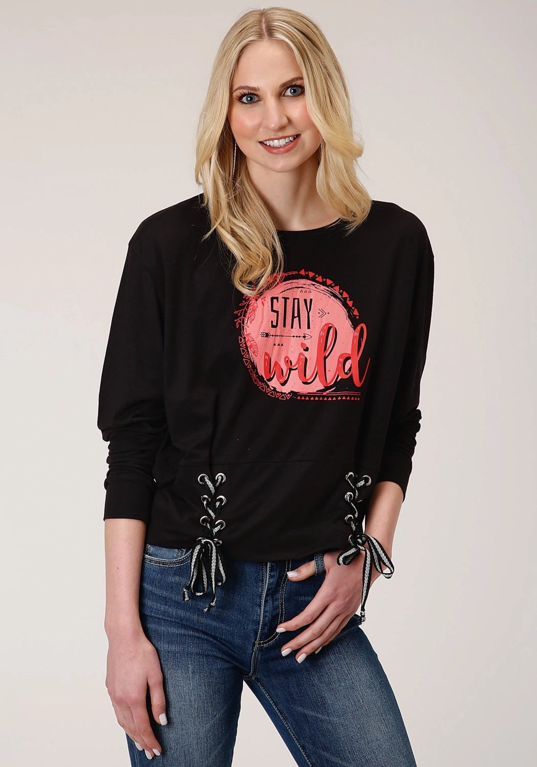 All Purpose Roper Womens Black Poly/Rayon Stay Wild L/S T-Shirt