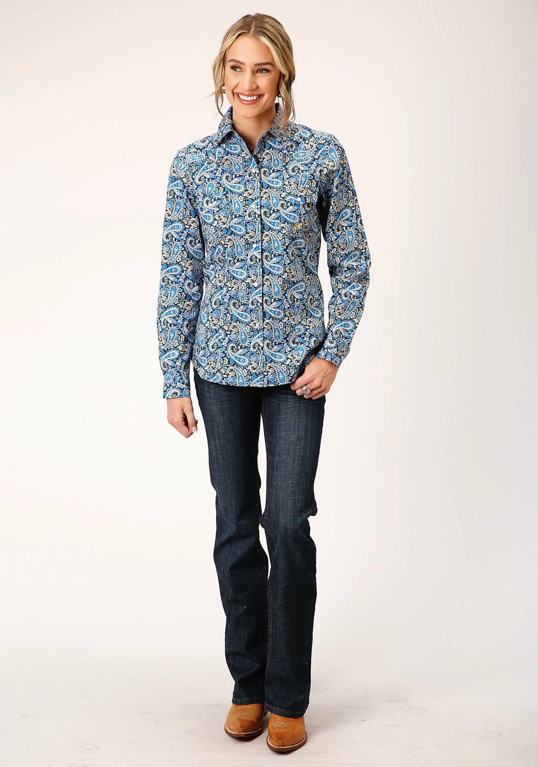 Roper Womens Blue 100% Cotton Amarillo Paisley L/S Shirt Stretch Denim Technology