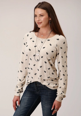 Roper Womens Cream Rayon/Nylon Micro French Terry L/S T-Shirt Vibrant Finish Comfy Design Style Roper Womens Cream Rayon/Nylon Micro French Terry L/S T-Shirt