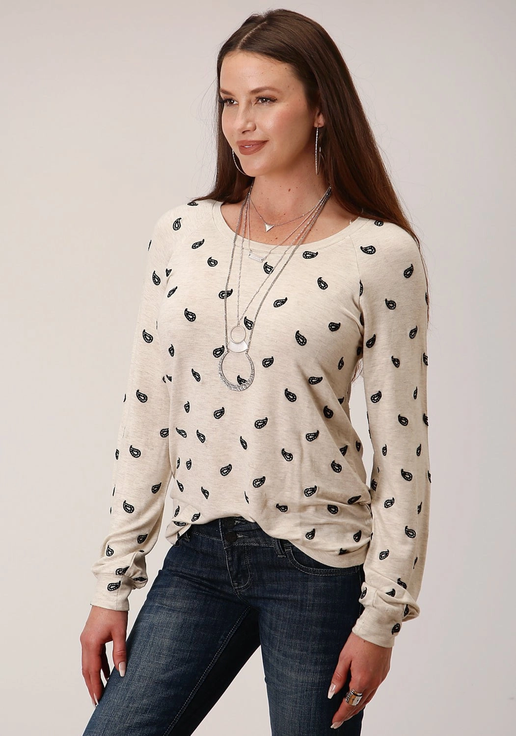 Comfy Design Style Roper Womens Cream Rayon/Nylon Micro French Terry L/S T-Shirt