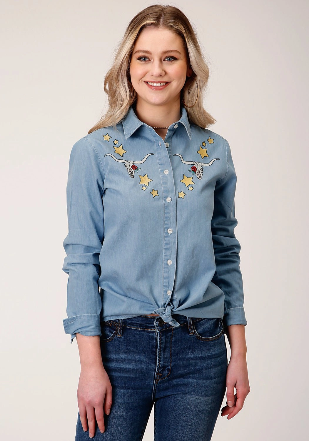 Holiday Vibes High Quality Roper Womens Light Blue 100% Cotton Stars Longhorn BD L/S Shirt