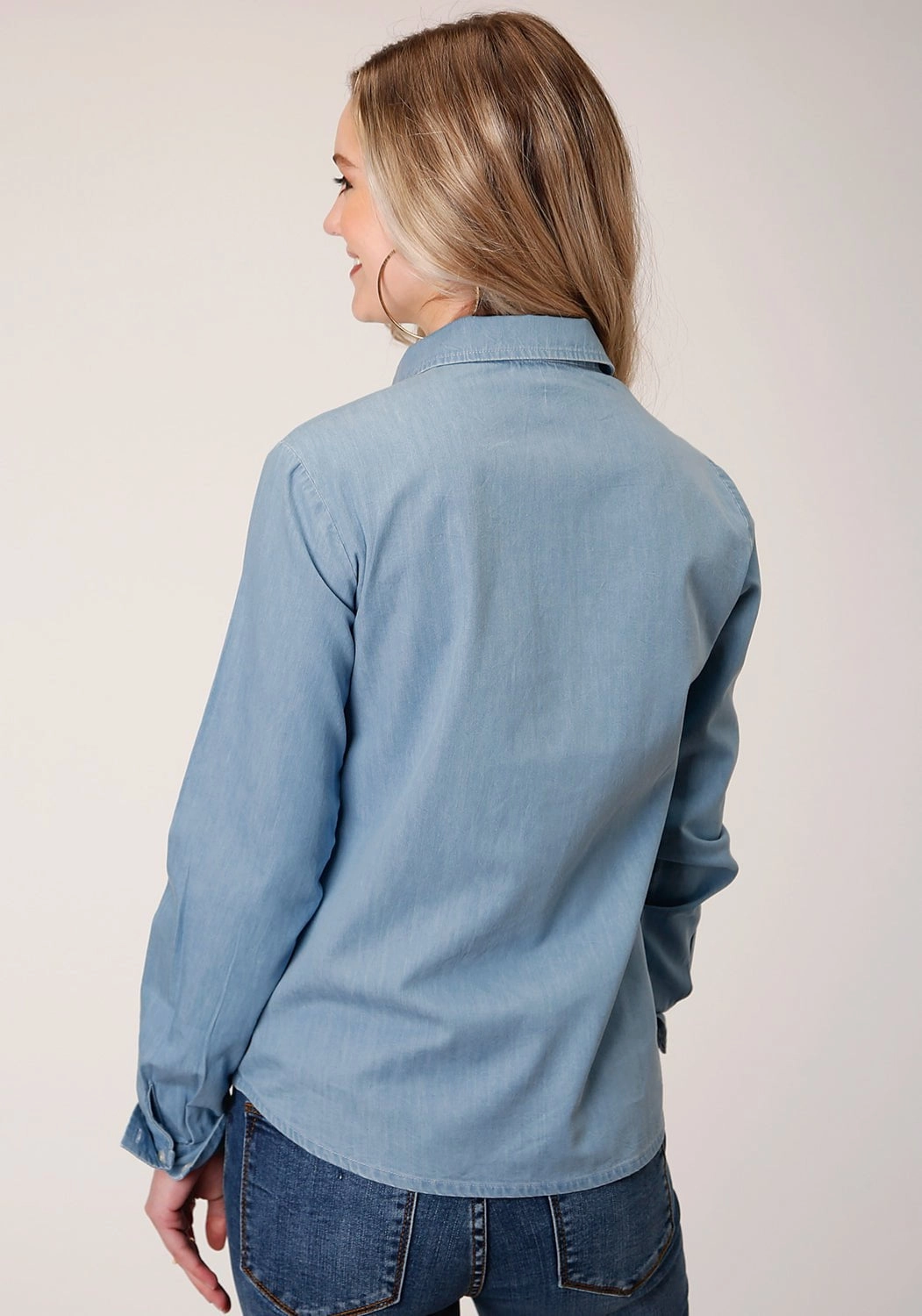Festival Outfit Affordable Sunny Vibes Roper Womens Light Blue 100% Cotton Stars Longhorn BD L/S Shirt