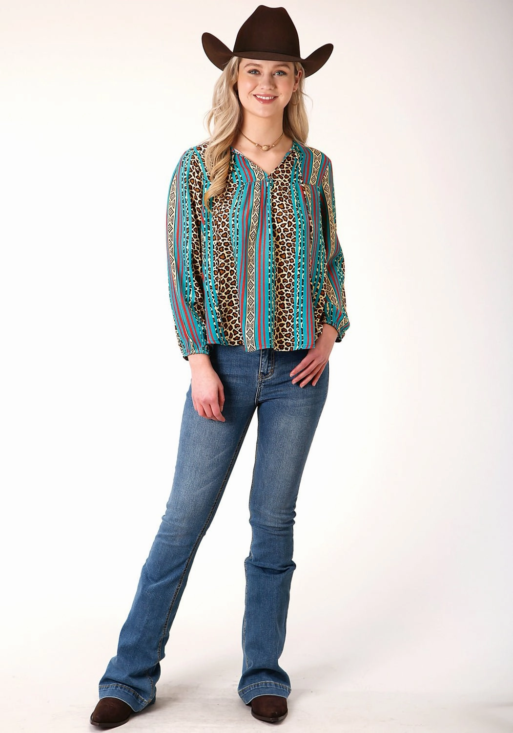 Trend Setter Road Trip Casual Roper Womens Multi-Color Rayon/Nylon Leopard Stripe L/S Blouse