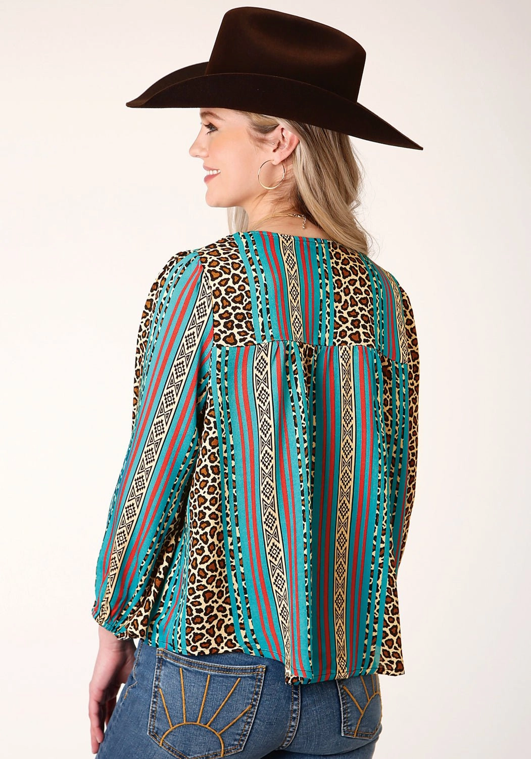 Fit Anytime Comfy Waist Fit Roper Womens Multi-Color Rayon/Nylon Leopard Stripe L/S Blouse