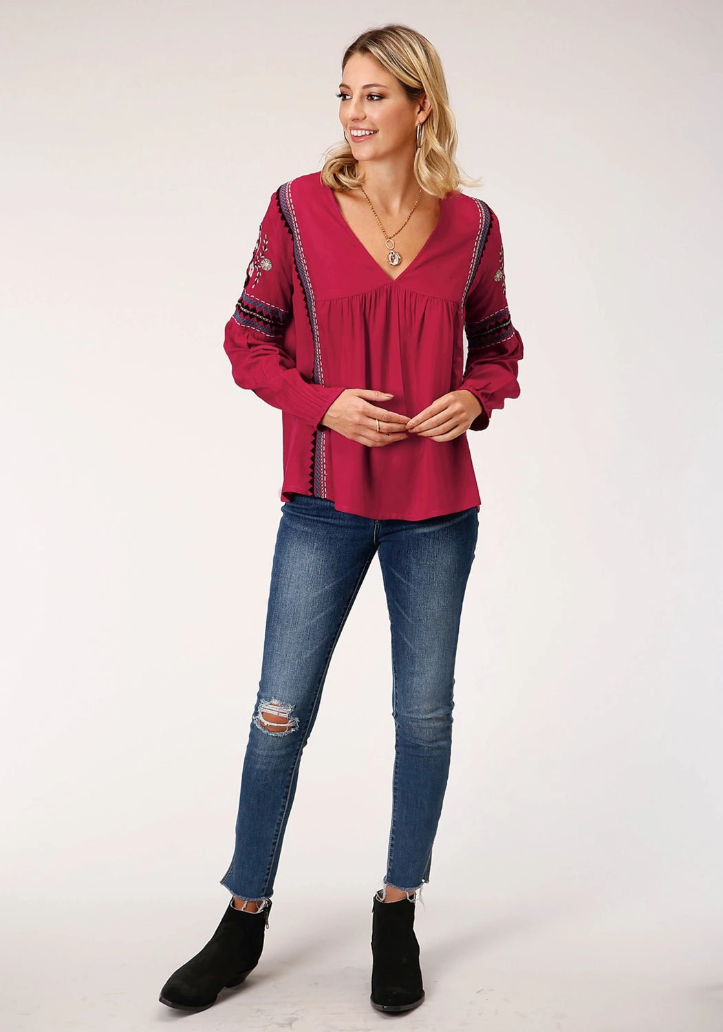 Evening Stroll Urban Explorer Roper Womens Raspberry Rayon/Nylon Challis L/S Blouse