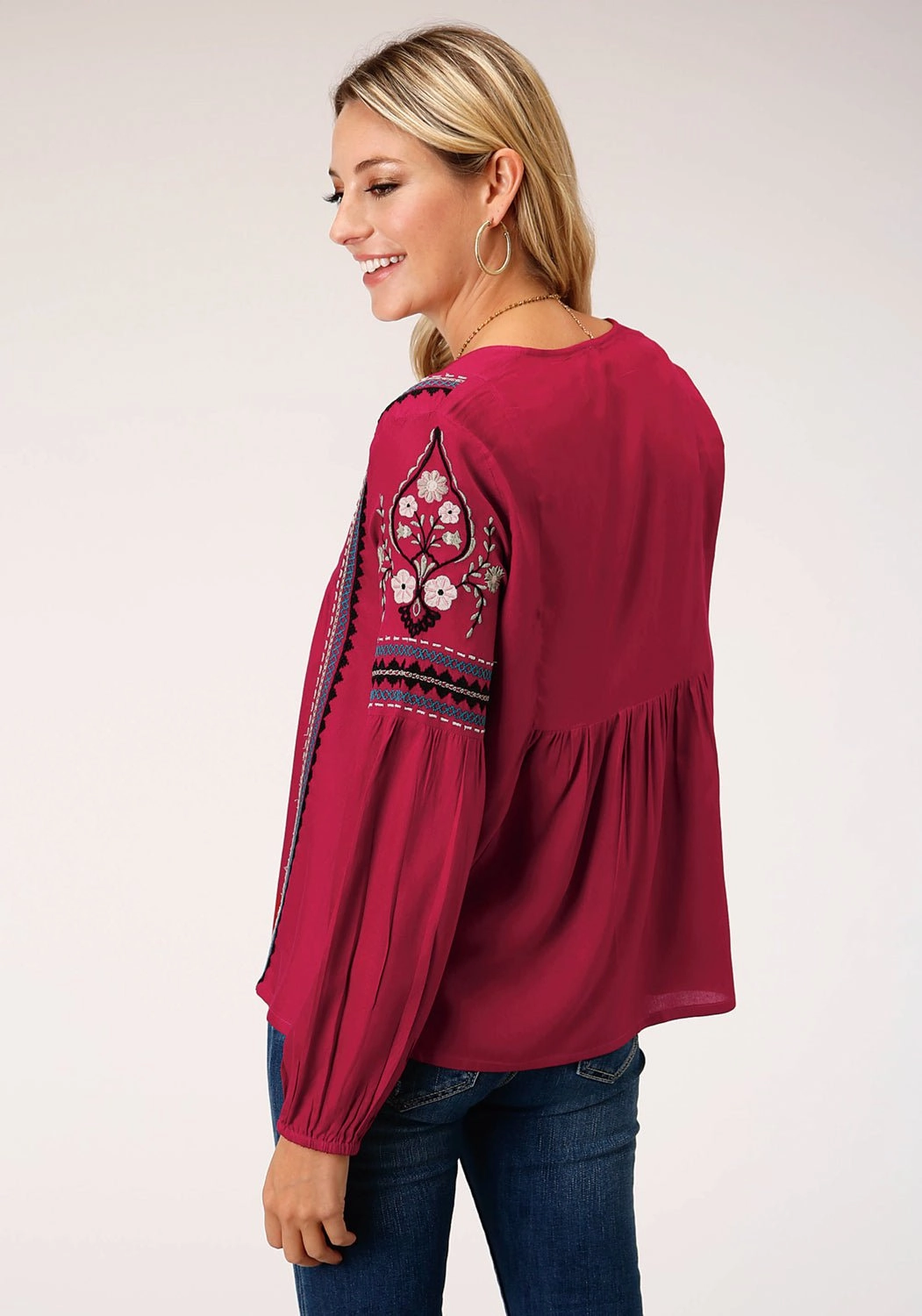 Roper Womens Raspberry Rayon/Nylon Challis L/S Blouse Garment Washed Softness