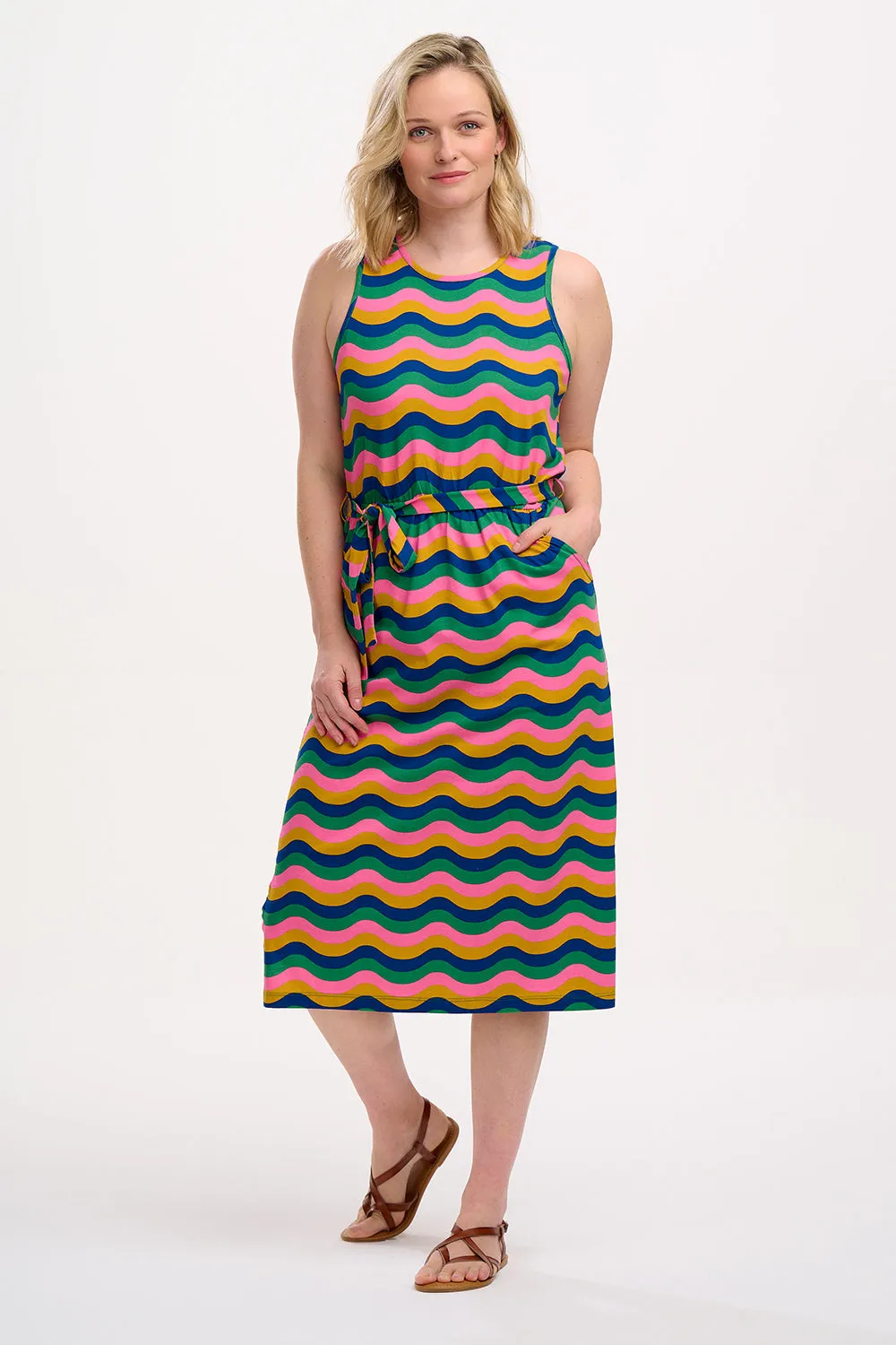 Rory Jersey Midi Dress in Rainbow Waves Breezy Fit Layered Comfort