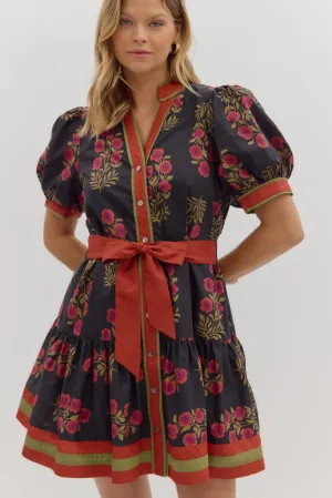 Rosalie Floral Tie Waist Mini Dress in Black Unique Wear Unlined Look Rosalie Floral Tie Waist Mini Dress in Black