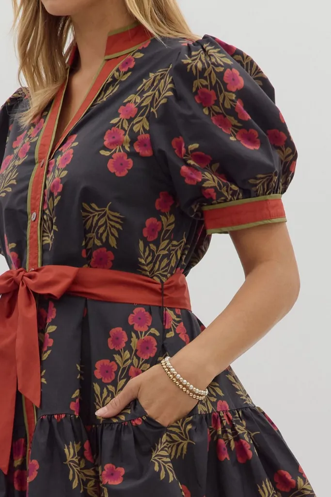Rosalie Floral Tie Waist Mini Dress in Black ElasticWaistband