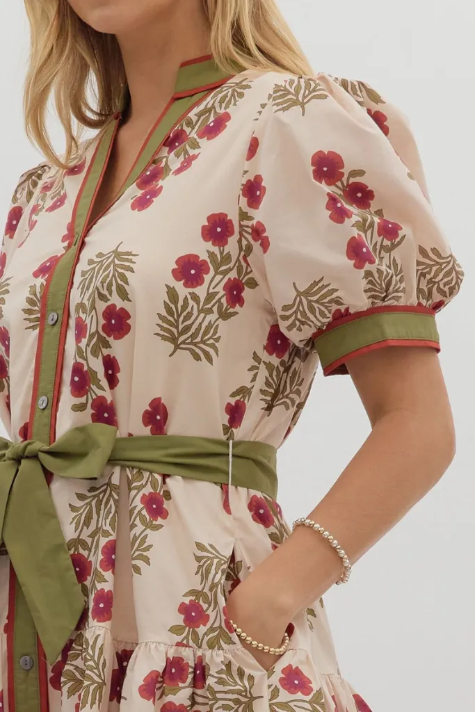 Rosalie Floral Tie Waist Mini Dress in Ecru High Neck Insulating-Lining