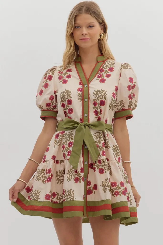 Rosalie Floral Tie Waist Mini Dress in Ecru Relax Layers ConvertibleNeckline