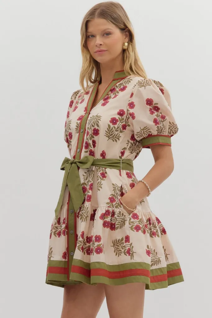 Rosalie Floral Tie Waist Mini Dress in Ecru Subtle Flow