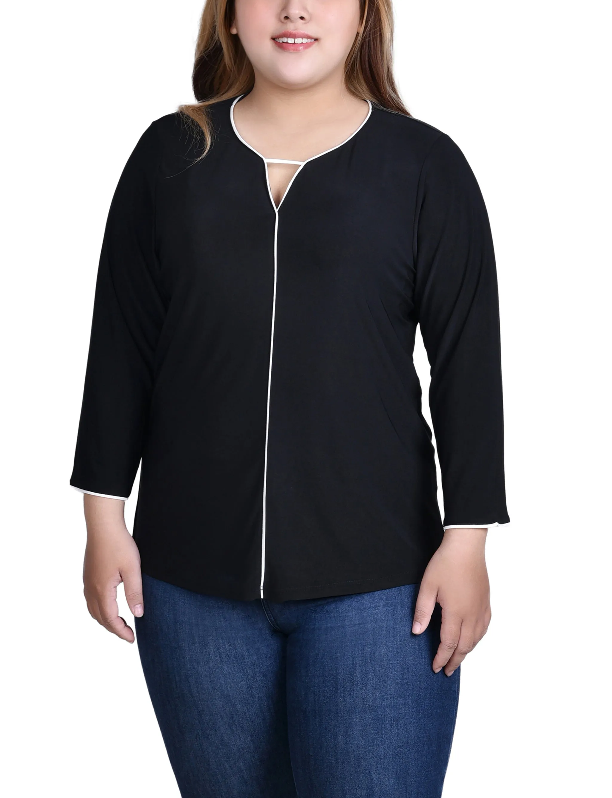 Plus Size 3/4 Sleeve Piped Top Vintage Style Seasonal Mood