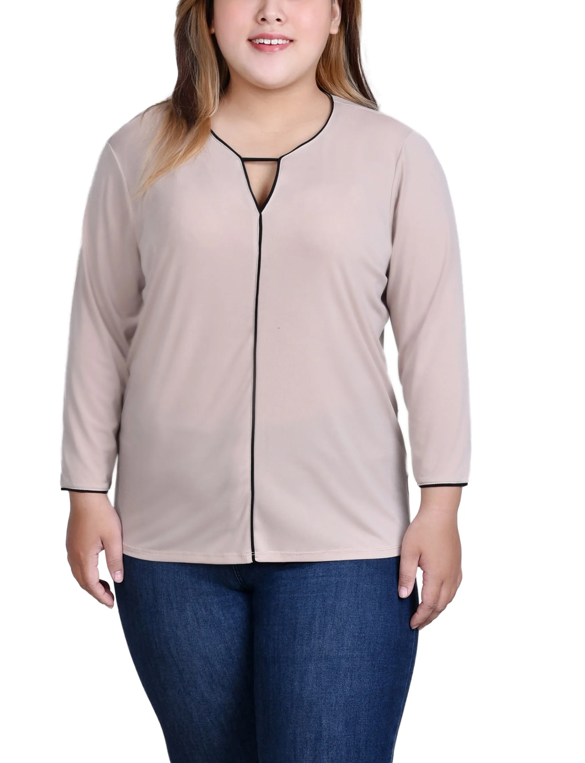 Resort-Wear Smooth silhouette Plus Size 3/4 Sleeve Piped Top