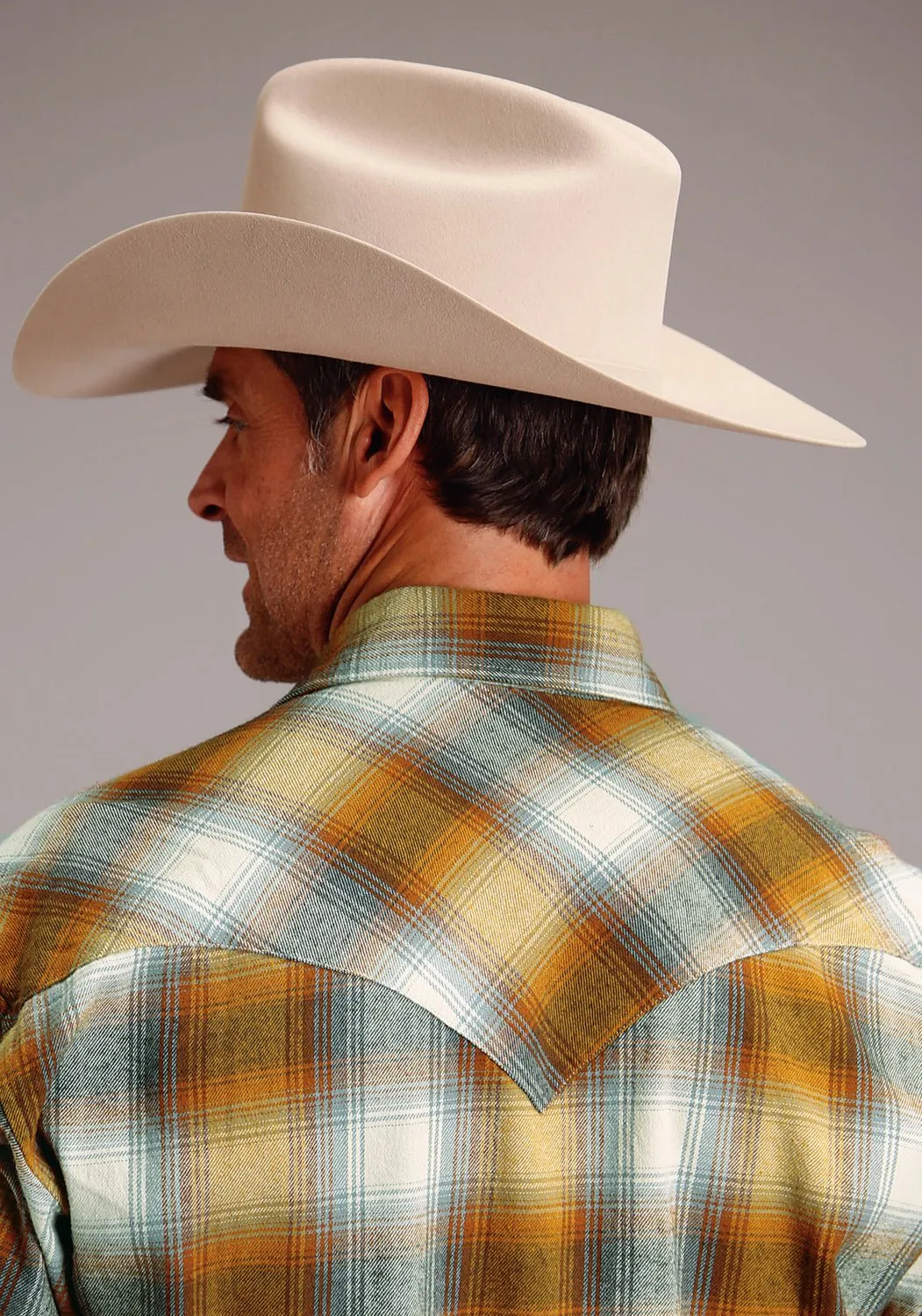 Resort Wear Stetson Mens Cream Plaid Brown 100% Cotton L/S Shirt
