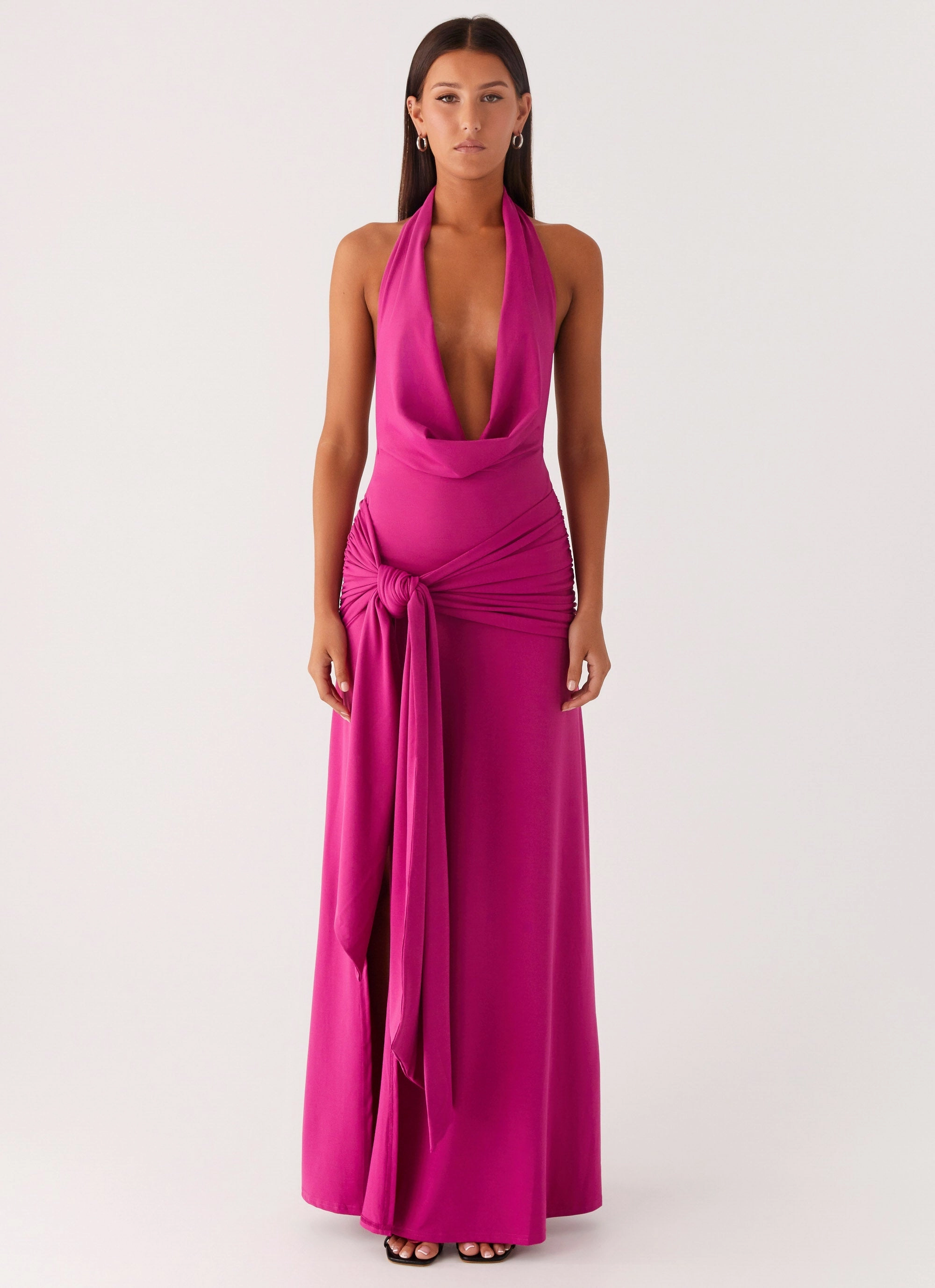 Contemporary Waist Fitted Shape Rowan Ray Cowl Maxi Dress - Fuchsia