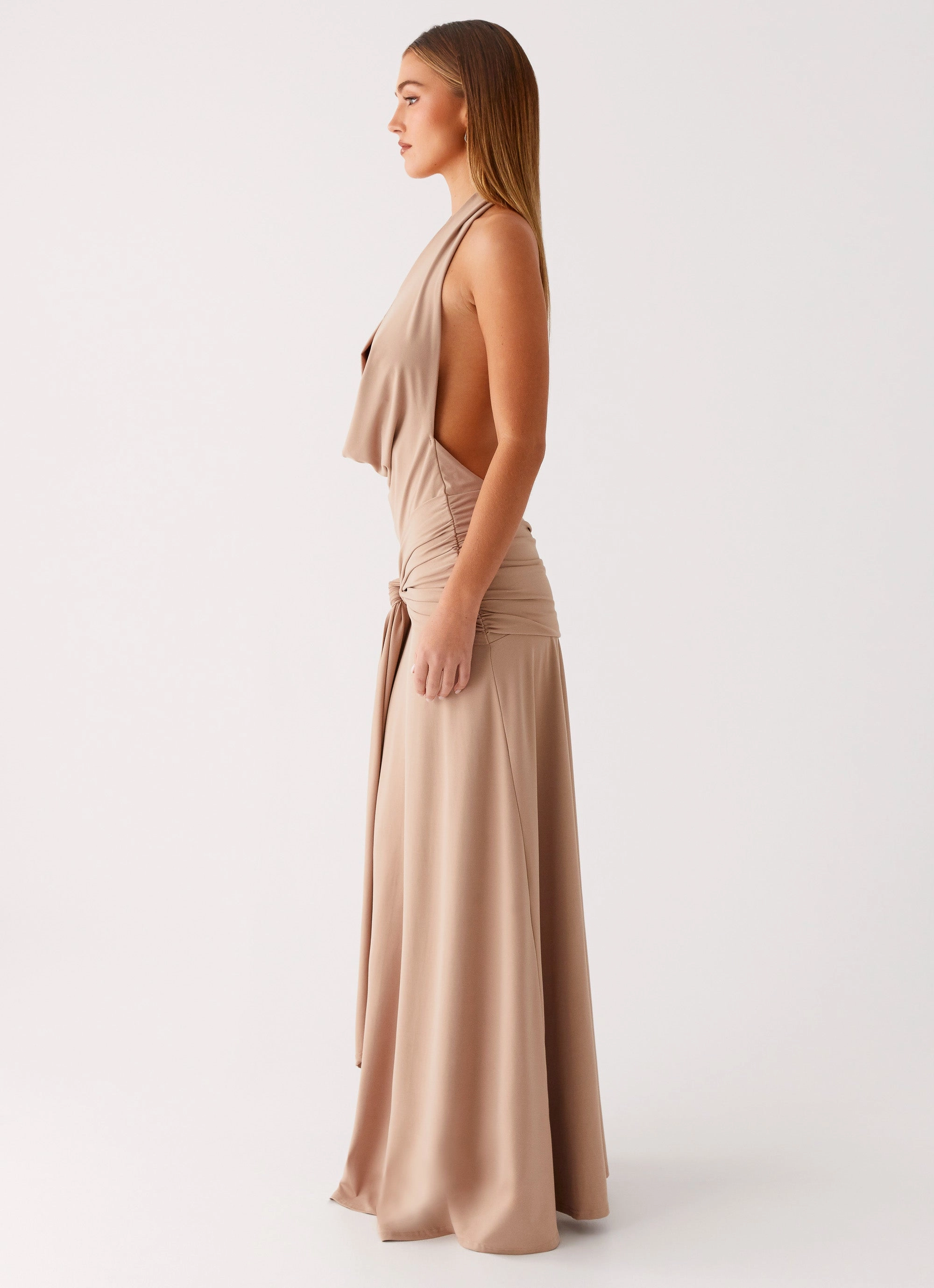 Halter-Neck Flattering Wearable Rowan Ray Cowl Maxi Dress - Light Taupe