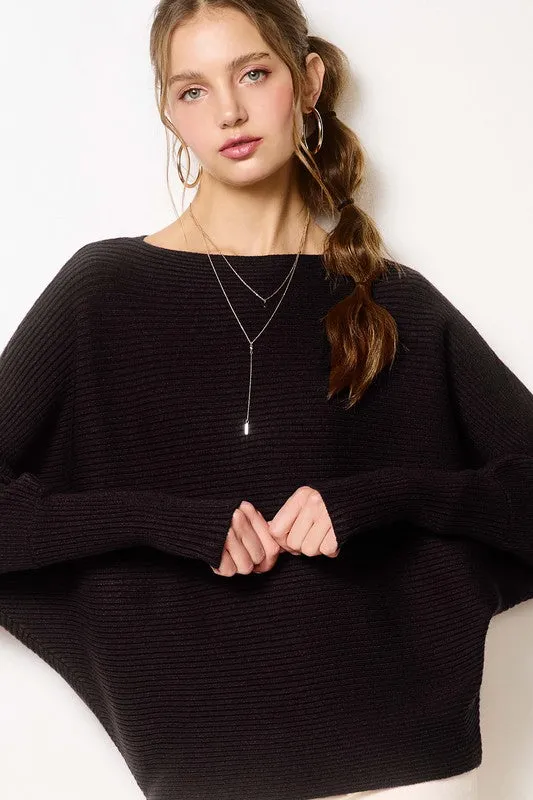 Ruby Ribbed Boat Neckline Bubble Sleeve Sweater Top Fit for Any Season Casual Design Fit