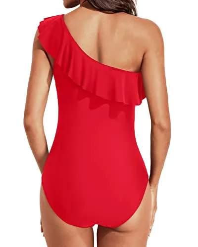 Ruched One Shoulder One Piece Swimsuits-Red