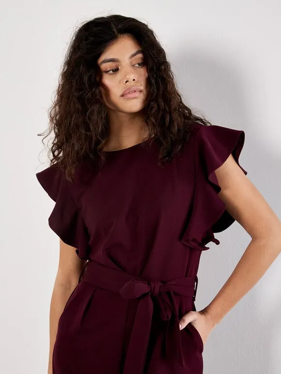 Comfortable and Chic Smooth Tone Ruffle Sleeve Jumpsuit in Burgundy