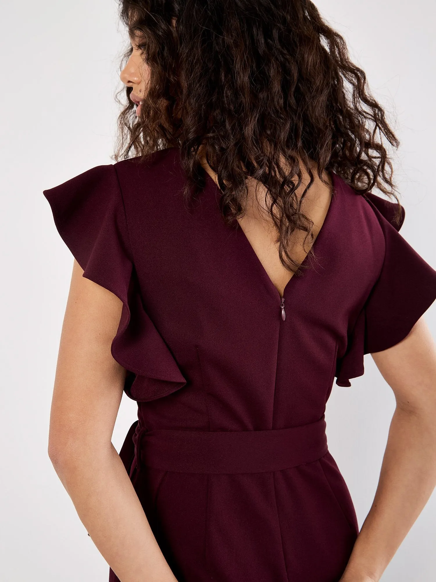Work Flex Simple Elegance Ruffle Sleeve Jumpsuit in Burgundy