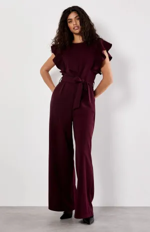 Ruffle Sleeve Jumpsuit in Burgundy Teal Shade Work Option Layered Wear Ruffle Sleeve Jumpsuit in Burgundy