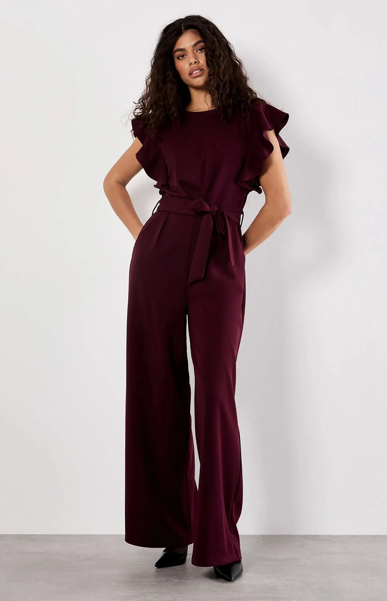 Work Option Layered Wear Ruffle Sleeve Jumpsuit in Burgundy