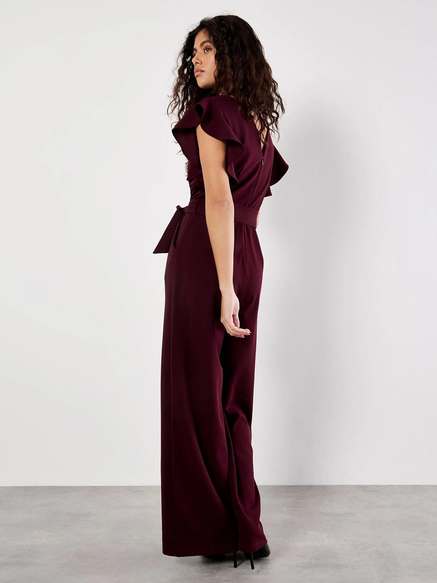 Ruffle Sleeve Jumpsuit in Burgundy Casual Look Petite-Size