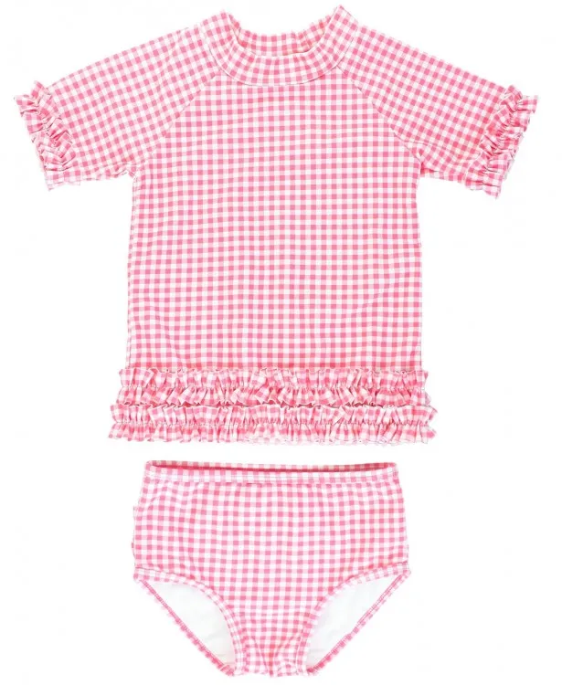 RuffleButts Rose Gingham Ruffled Rash Guard Bikini Swimsuit