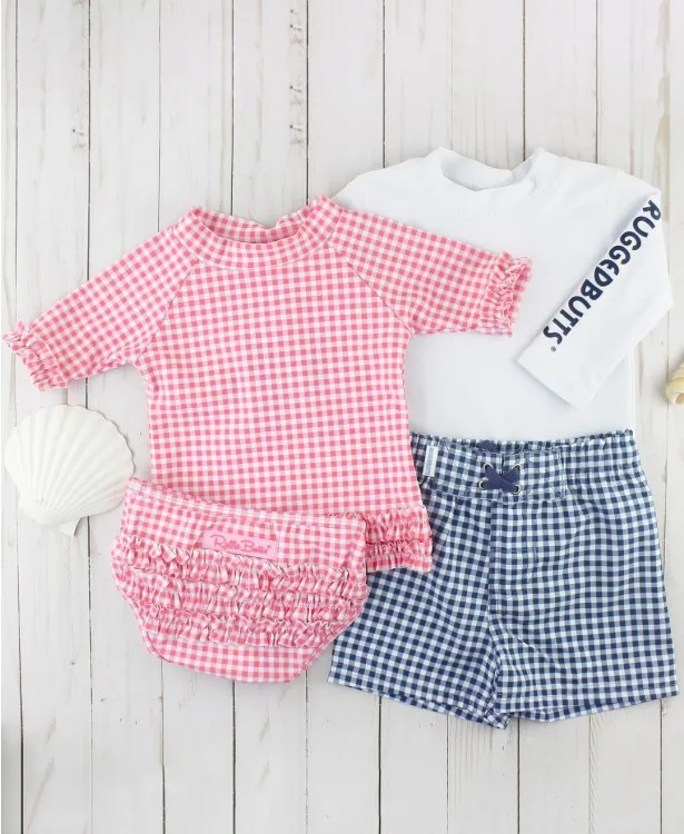 RuffleButts Rose Gingham Ruffled Rash Guard Bikini Swimsuit