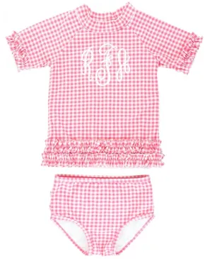 RuffleButts Rose Gingham Ruffled Rash Guard Bikini Swimsuit