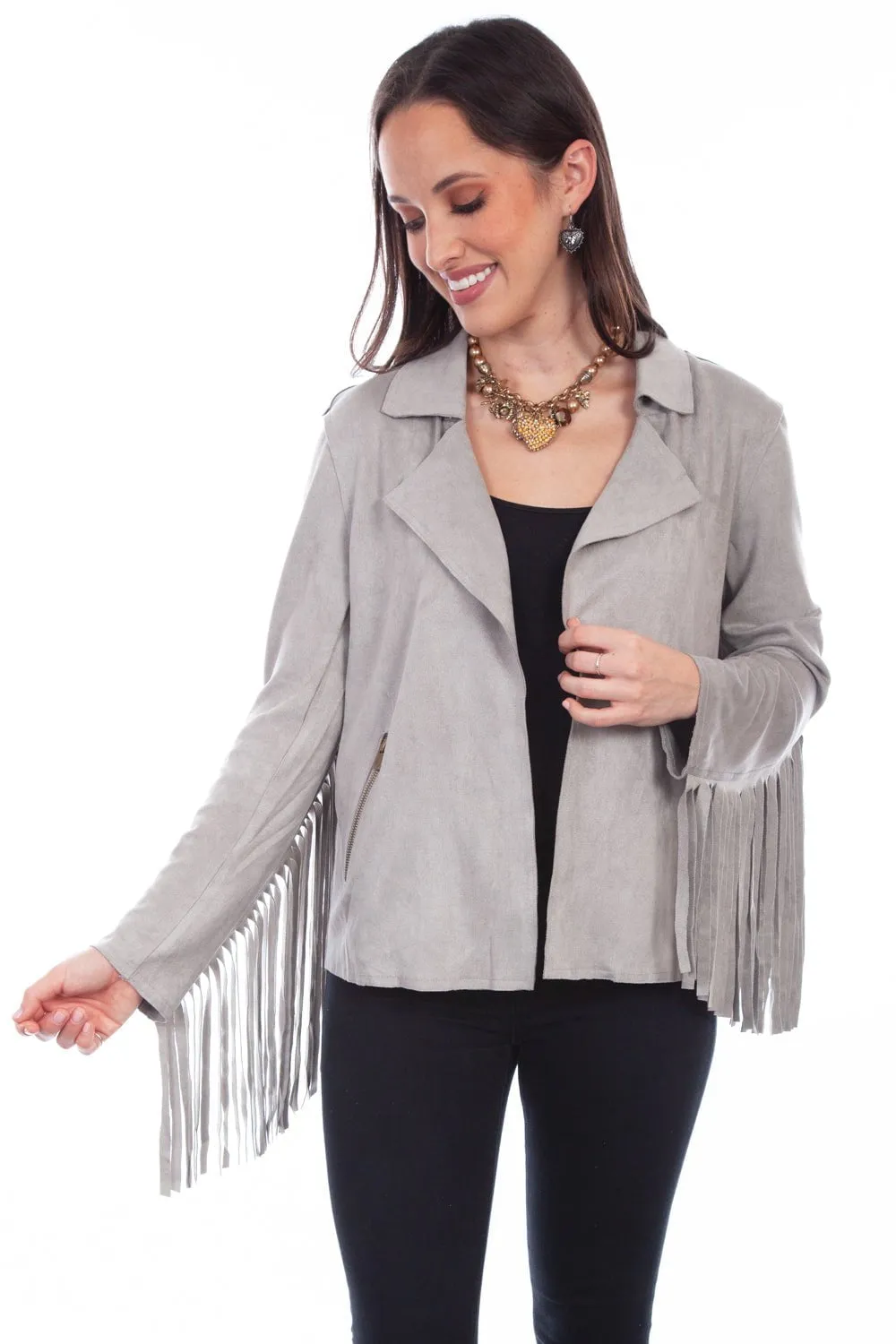 Scully Womens Western Fringe Light Grey Poly/Spandex Faux Leather Jacket Affordable Outdoor Adventure Artist Vibe Shopping Day Vibrant