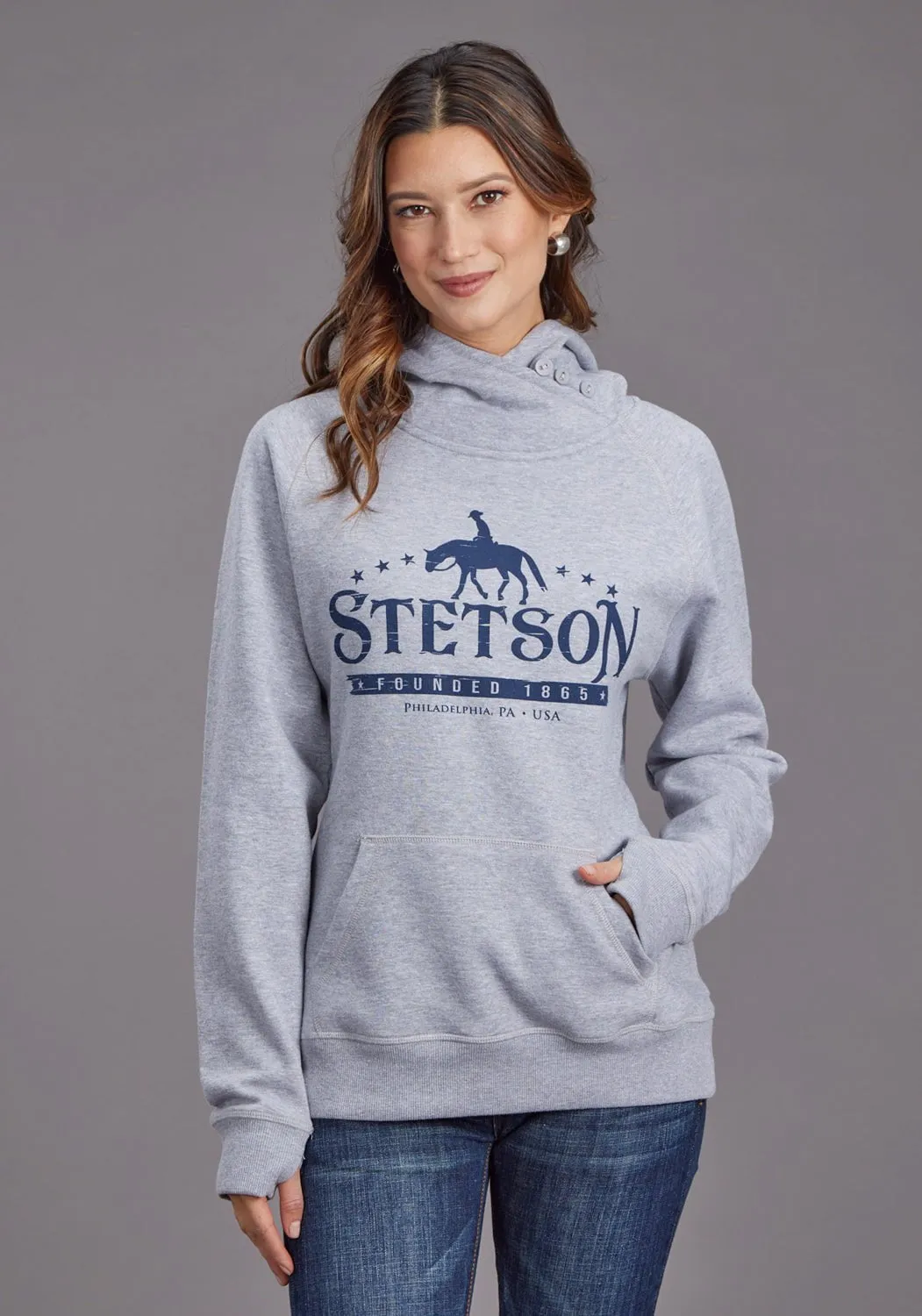 Stetson Womens Horserider Stars Grey Cotton Blend Hoodie Stretch Classic Wear Casual Cool