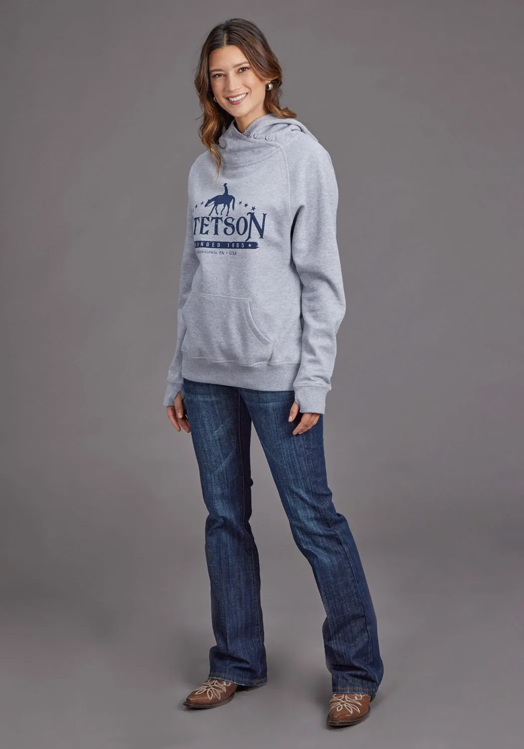 Outdoor Adventure Earthy Universal Basic Stetson Womens Horserider Stars Grey Cotton Blend Hoodie