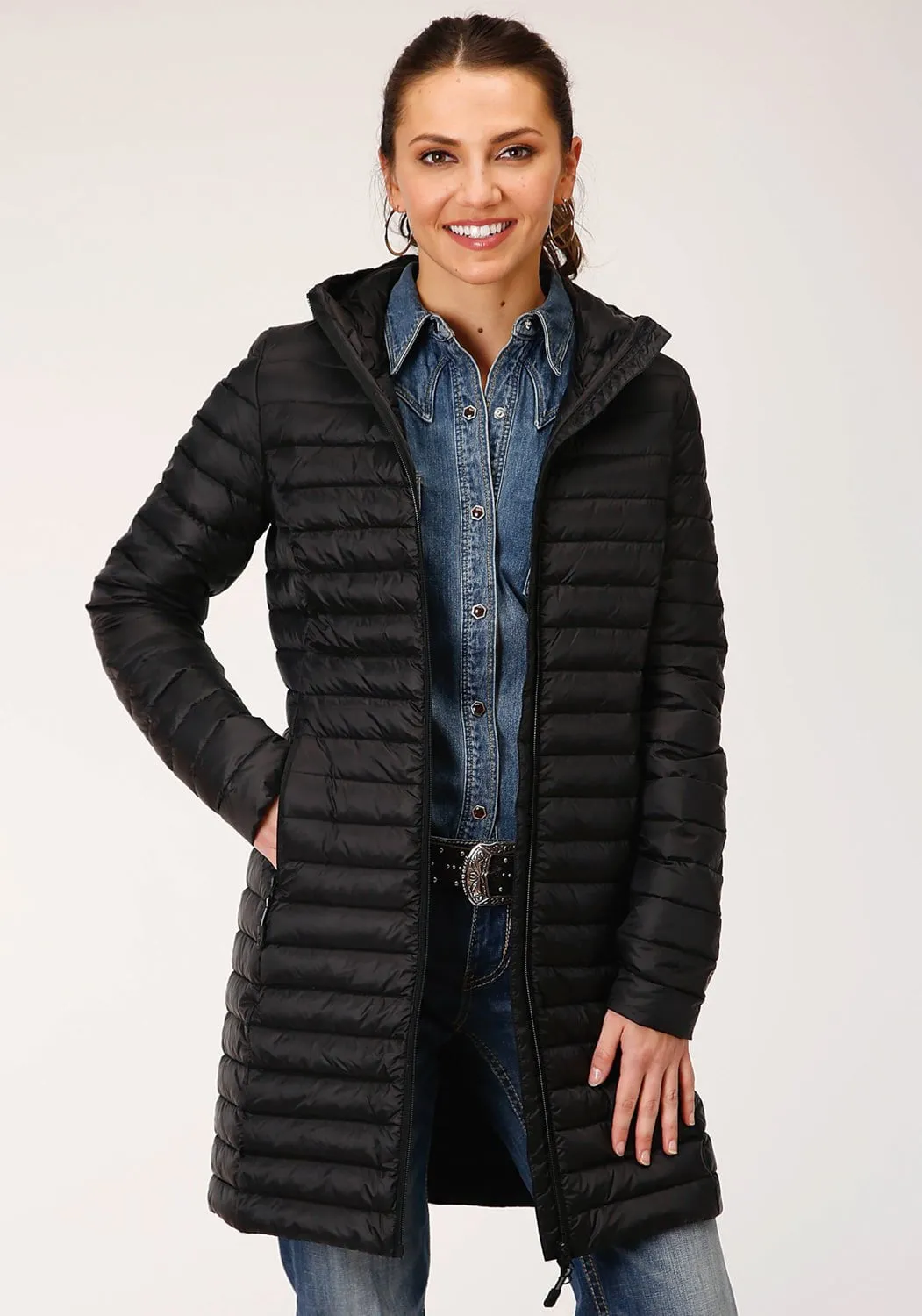 Picnic Style Textured Roper Womens Black Nylon Parachute Long Down Coat