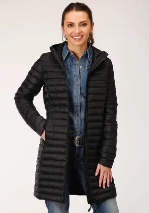Rugged Mode Roper Womens Black Nylon Parachute Long Down Coat Picnic Style Textured Roper Womens Black Nylon Parachute Long Down Coat