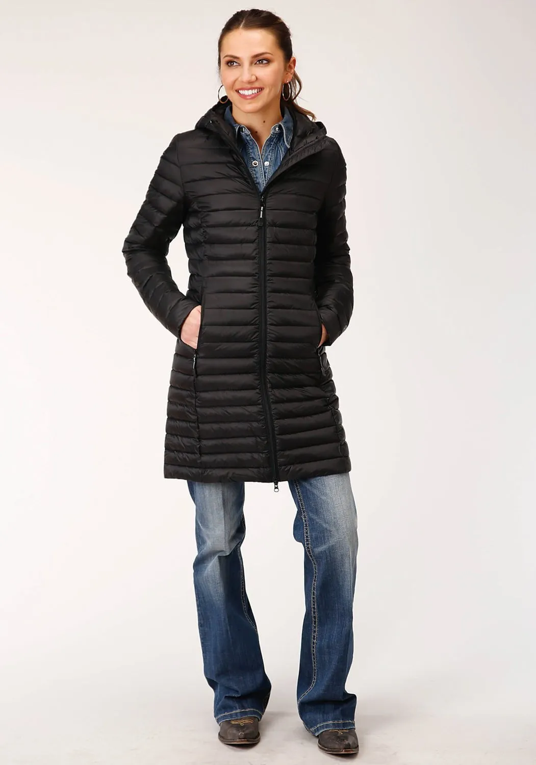 Roper Womens Black Nylon Parachute Long Down Coat Urban Look Calm Aesthetic