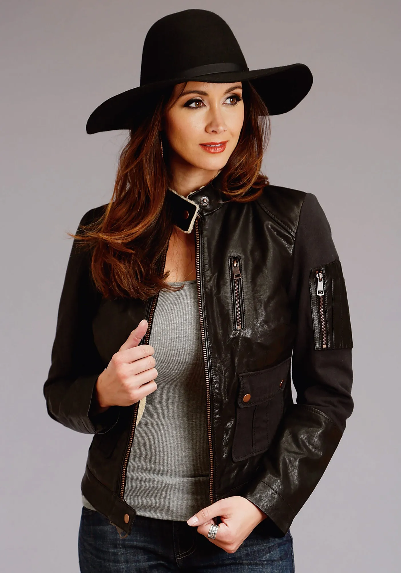Stetson Womens Black Leather Sherpa Lined Jacket Fashionable Waist