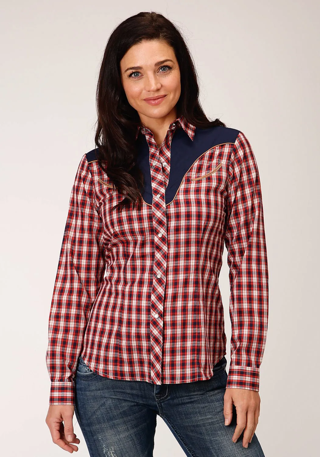 Roper Womens Red/Navy Cotton Blend Small Plaid L/S Fancy Shirt Weekend Wear