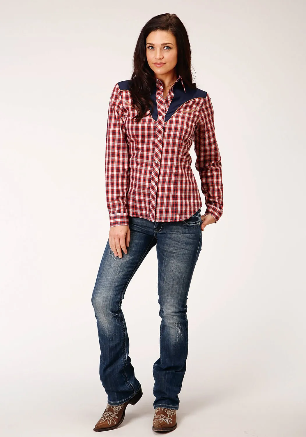 Slim Modern Roper Womens Red/Navy Cotton Blend Small Plaid L/S Fancy Shirt