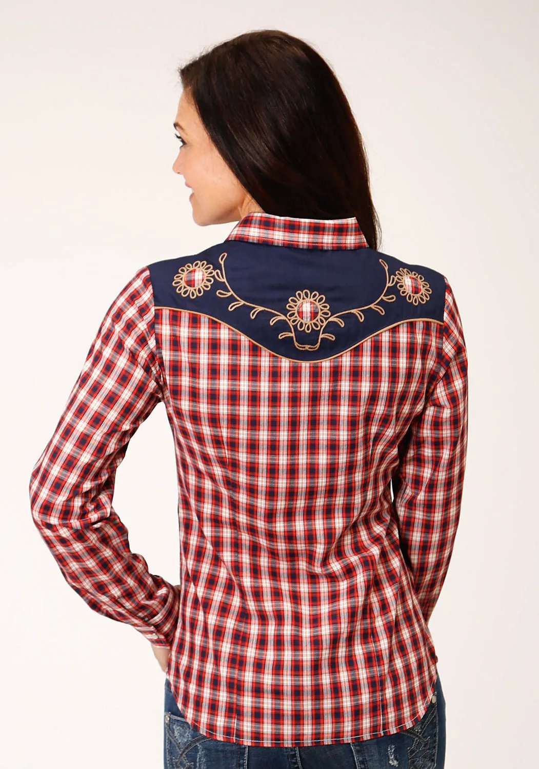 Roper Womens Red/Navy Cotton Blend Small Plaid L/S Fancy Shirt Effortless Comfort