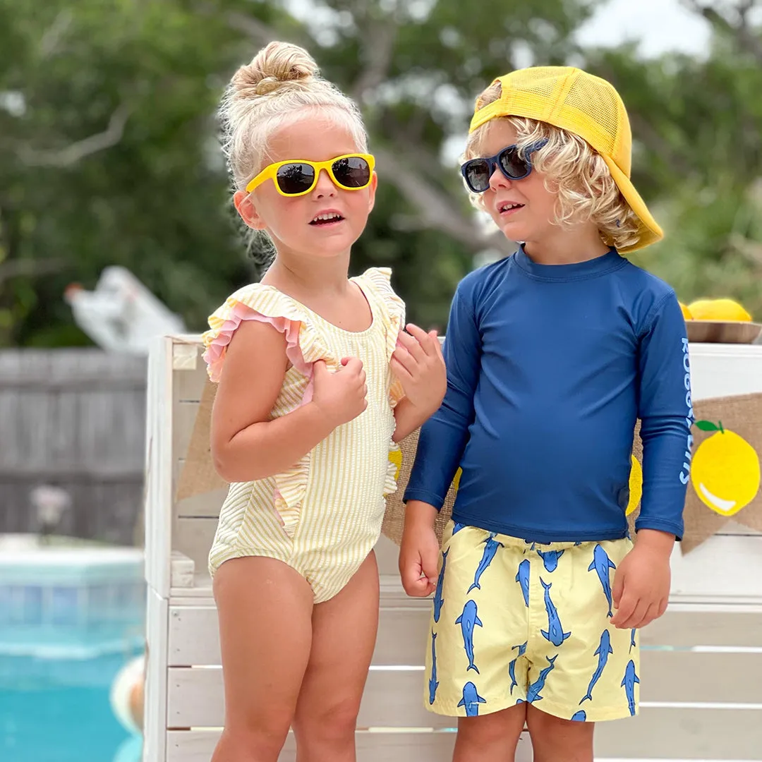 RuggedButts Boys Jawsome Swim Trunks & Rash Guard with Roshambo Navy Sunglasses