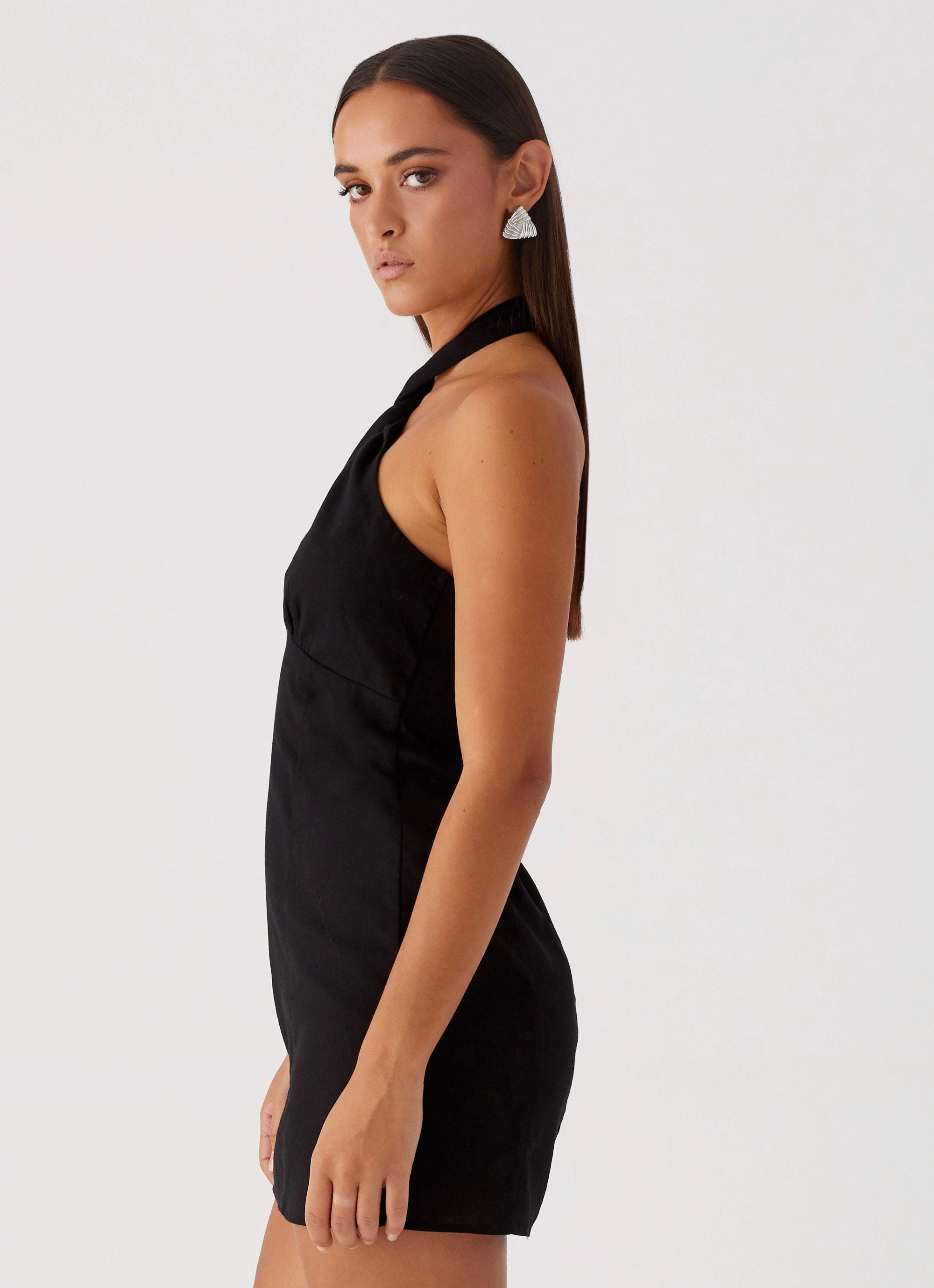 Sabine Linen Mini Dress - Black Smooth Line