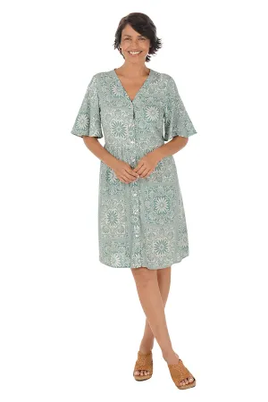 Sage Flowers Button-Front Elbow Sleeve Dress Flawless Waistband Linen-Blend Sage Flowers Button-Front Elbow Sleeve Dress