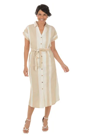 Sand Striped Button-Front Dress Patchwork style Sand Striped Button-Front Dress Timeless Waist