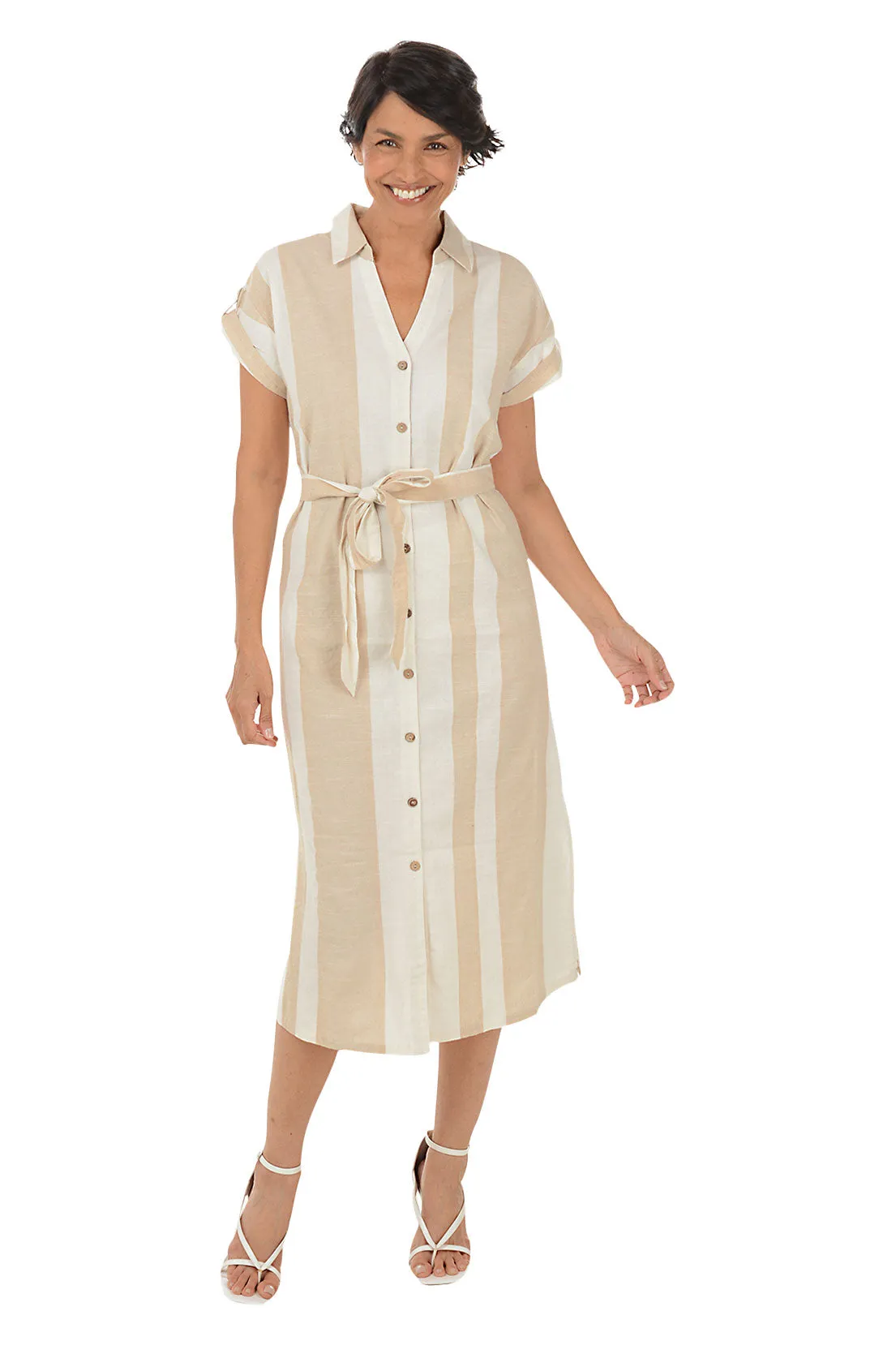 Sand Striped Button-Front Dress Polished Style
